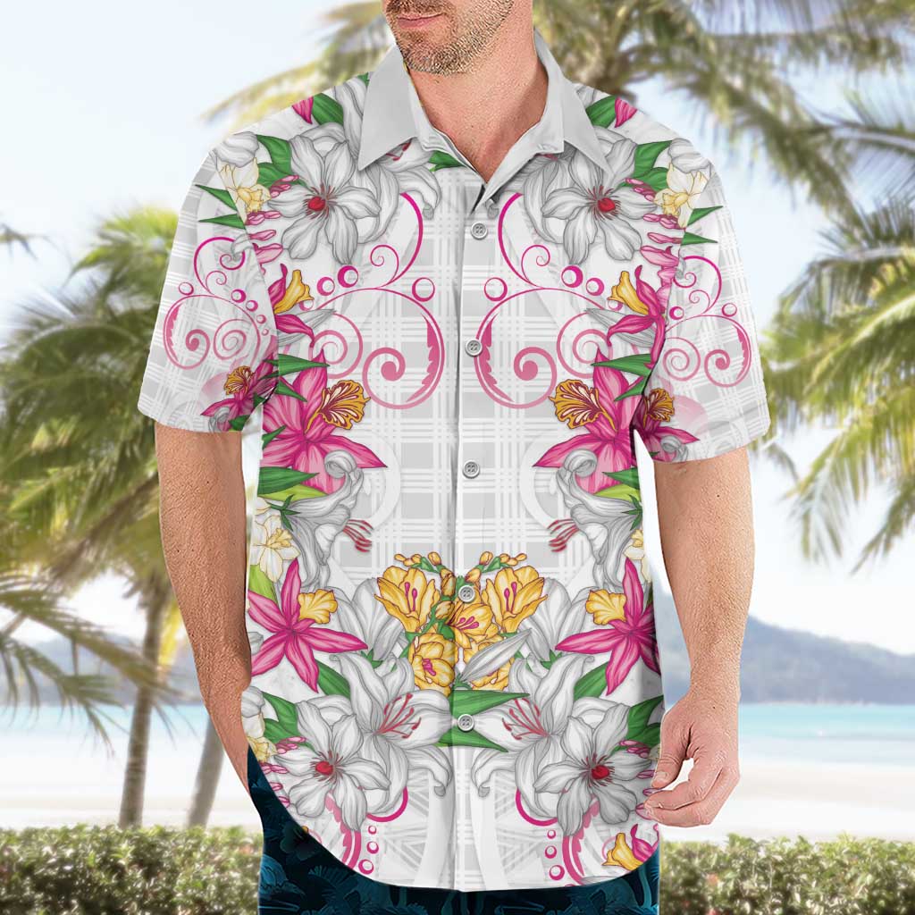 Hawaii Palaka Hawaiian Shirt White Tribal Pattern With Tropical Flowers - Polynesian Pride