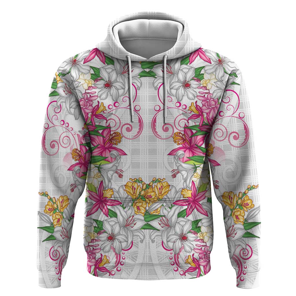 Hawaii Palaka Hoodie White Tribal Pattern With Tropical Flowers - Polynesian Pride