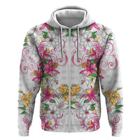Hawaii Palaka Hoodie White Tribal Pattern With Tropical Flowers - Polynesian Pride