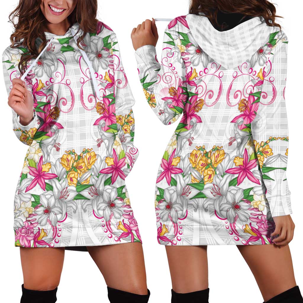 Hawaii Palaka Hoodie Dress White Tribal Pattern With Tropical Flowers - Polynesian Pride