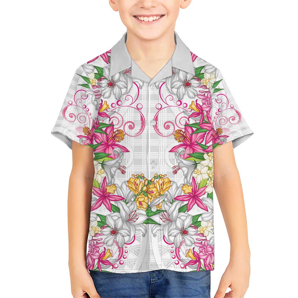 Hawaii Palaka Kid Hawaiian Shirt White Tribal Pattern With Tropical Flowers - Polynesian Pride