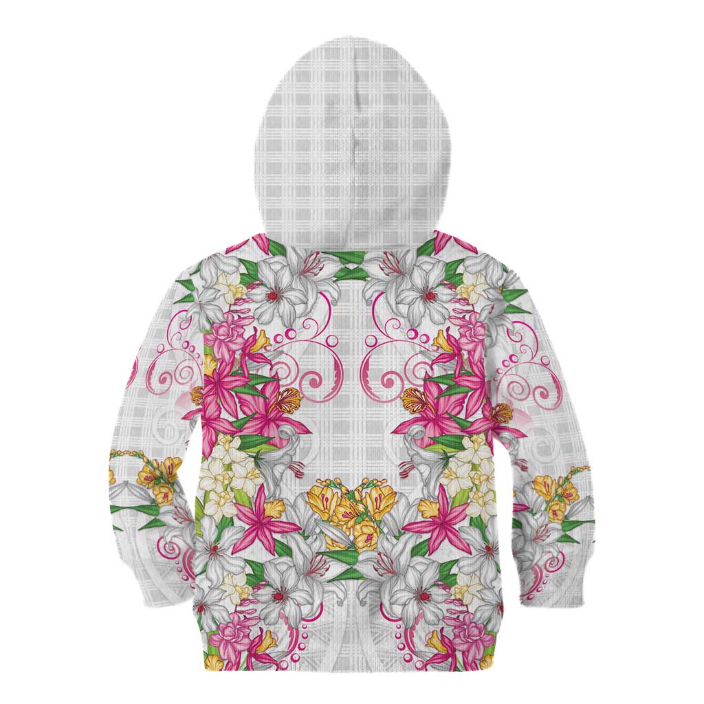 Hawaii Palaka Kid Hoodie White Tribal Pattern With Tropical Flowers - Polynesian Pride