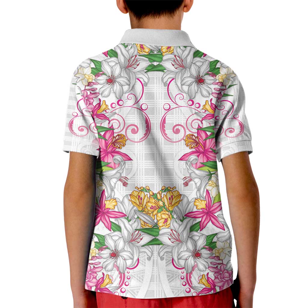 Hawaii Palaka Kid Polo Shirt White Tribal Pattern With Tropical Flowers - Polynesian Pride