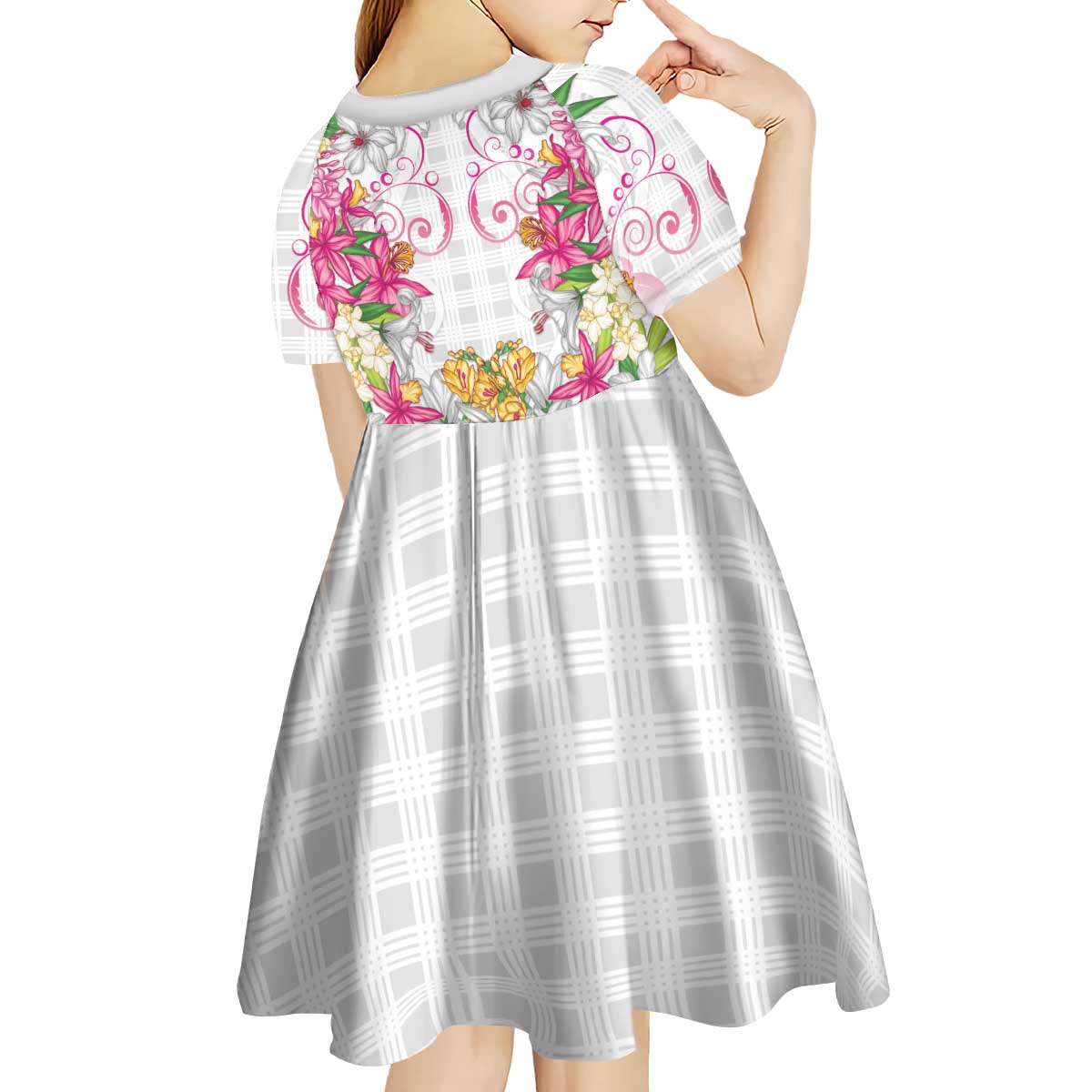 Hawaii Palaka Kid Short Sleeve Dress White Tribal Pattern With Tropical Flowers - Polynesian Pride