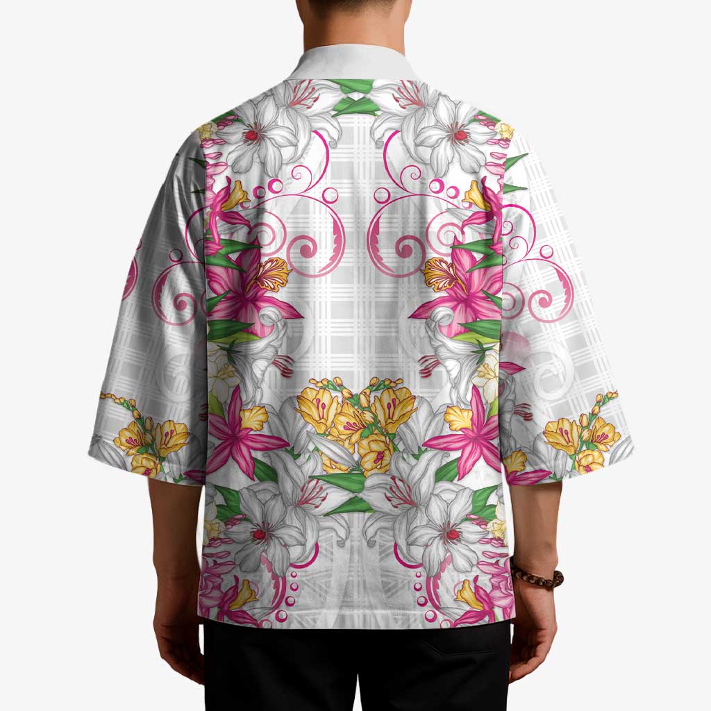 Hawaii Palaka Kimono White Tribal Pattern With Tropical Flowers - Polynesian Pride