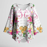 Hawaii Palaka Kimono Sleeve Blouse White Tribal Pattern With Tropical Flowers LT05 Female White - Polynesian Pride
