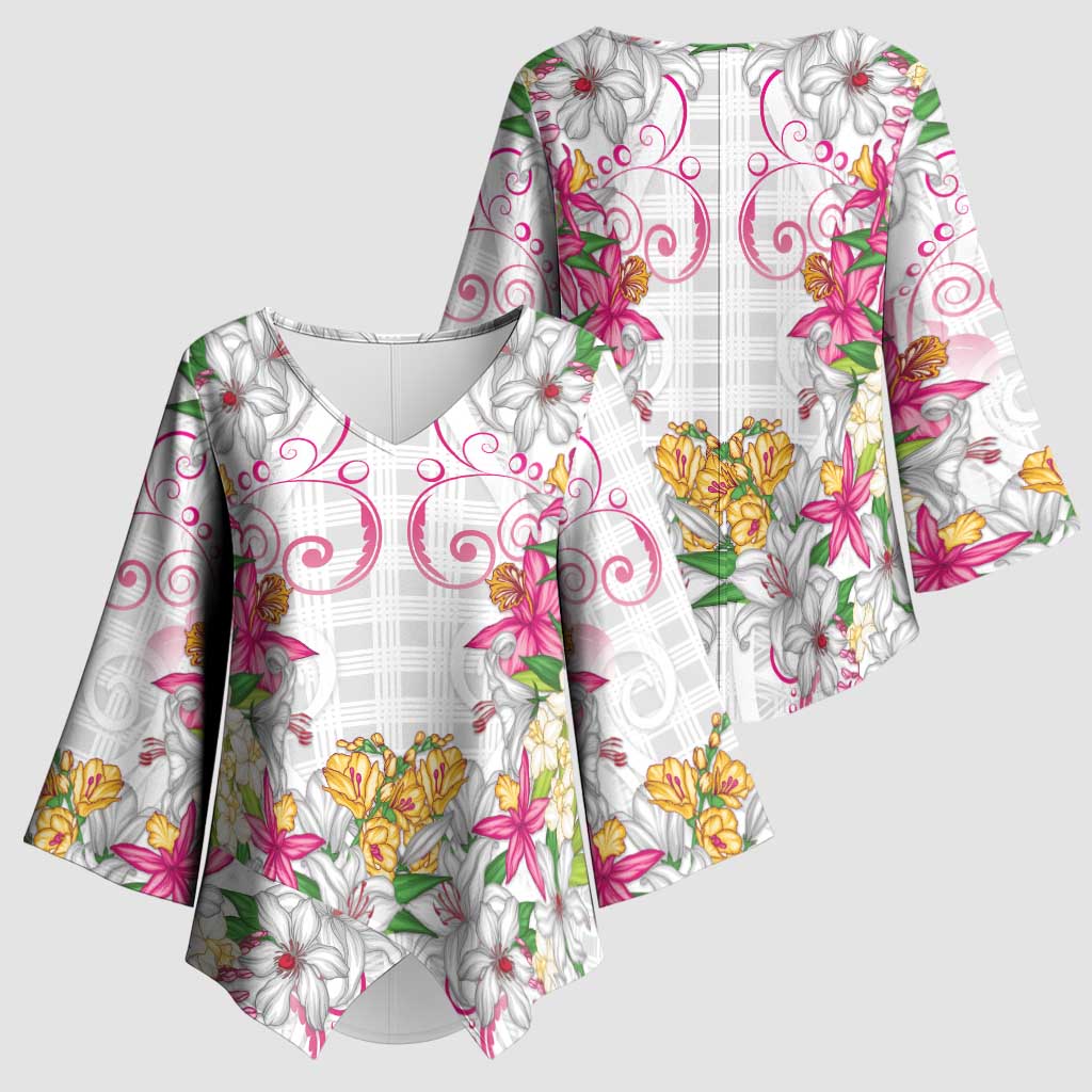 Hawaii Palaka Kimono Sleeve Blouse White Tribal Pattern With Tropical Flowers LT05 - Polynesian Pride