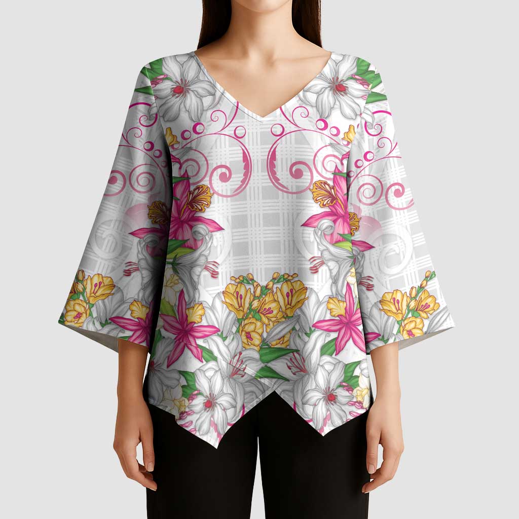 Hawaii Palaka Kimono Sleeve Blouse White Tribal Pattern With Tropical Flowers LT05 - Polynesian Pride
