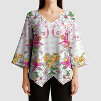 Hawaii Palaka Kimono Sleeve Blouse White Tribal Pattern With Tropical Flowers LT05 - Polynesian Pride
