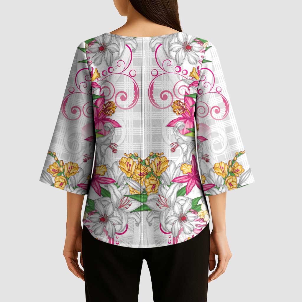 Hawaii Palaka Kimono Sleeve Blouse White Tribal Pattern With Tropical Flowers LT05 - Polynesian Pride