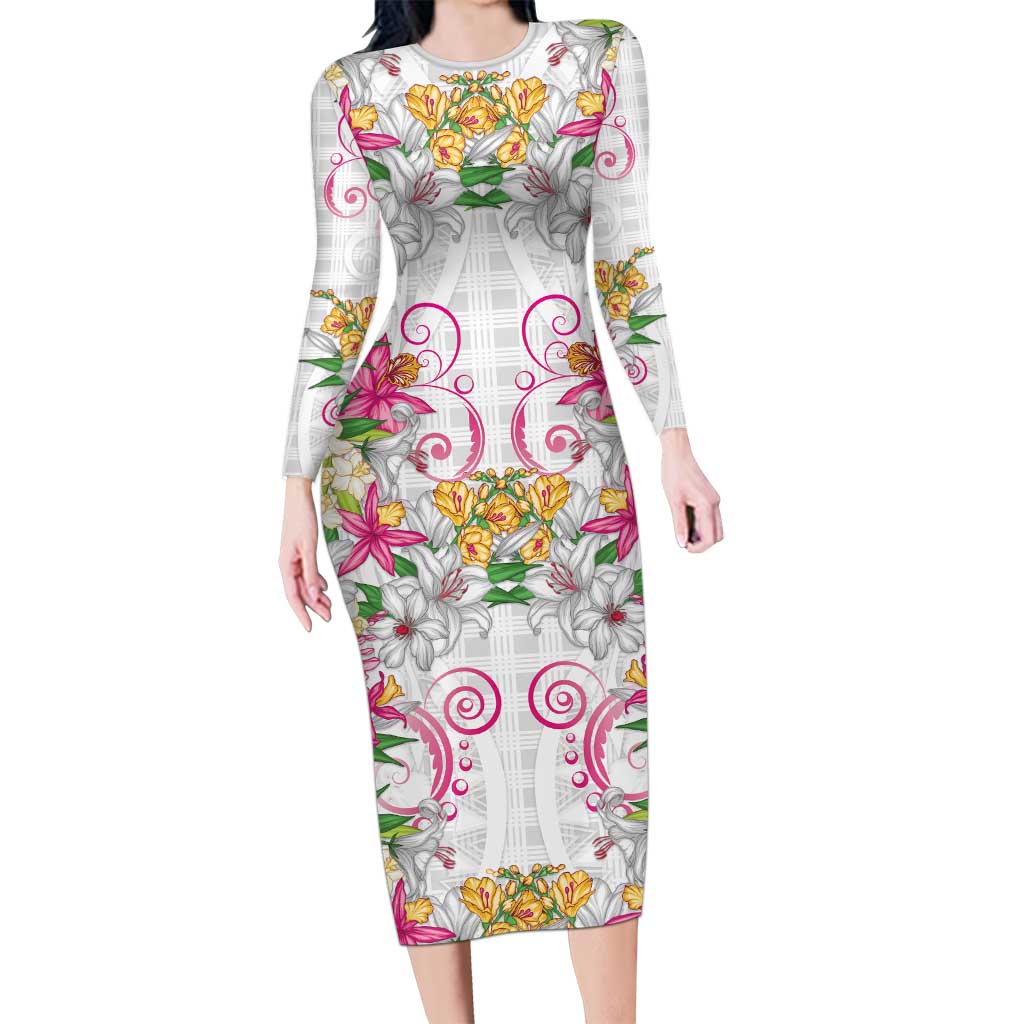 Hawaii Palaka Long Sleeve Bodycon Dress White Tribal Pattern With Tropical Flowers - Polynesian Pride