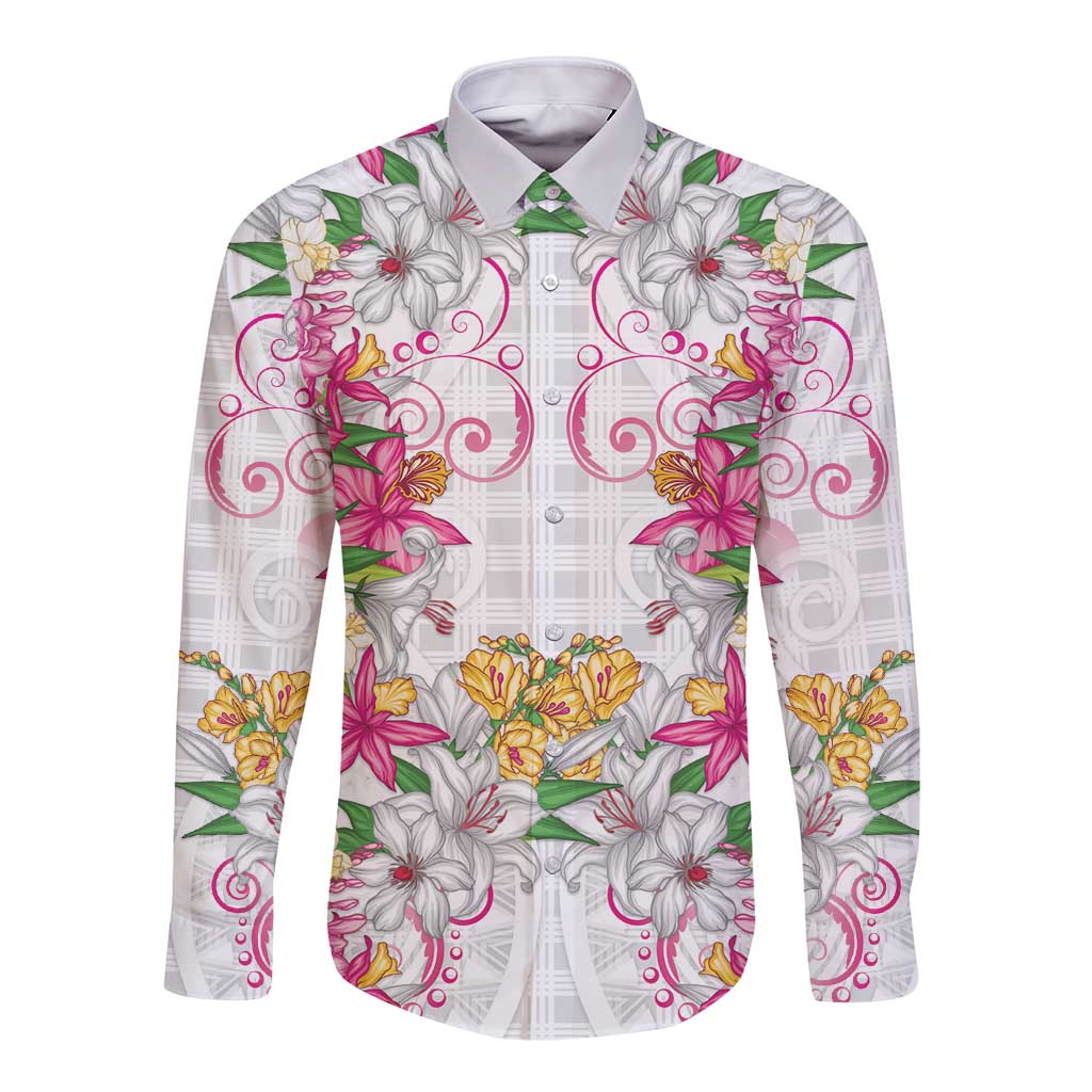 Hawaii Palaka Long Sleeve Button Shirt White Tribal Pattern With Tropical Flowers LT05 Unisex White - Polynesian Pride
