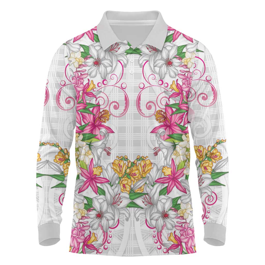 Hawaii Palaka Long Sleeve Polo Shirt White Tribal Pattern With Tropical Flowers LT05 White - Polynesian Pride