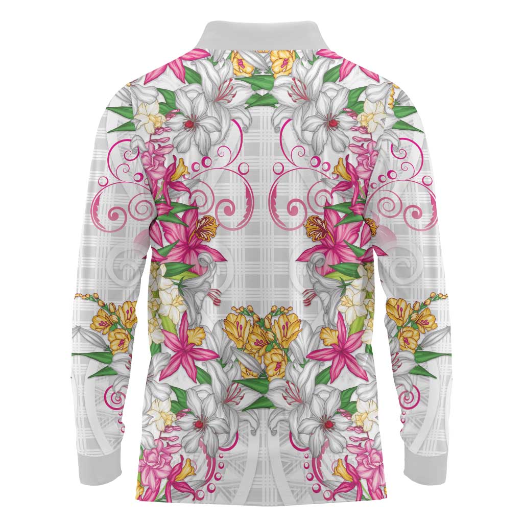 Hawaii Palaka Long Sleeve Polo Shirt White Tribal Pattern With Tropical Flowers LT05 - Polynesian Pride