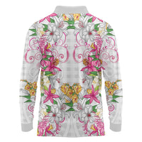 Hawaii Palaka Long Sleeve Polo Shirt White Tribal Pattern With Tropical Flowers LT05 - Polynesian Pride