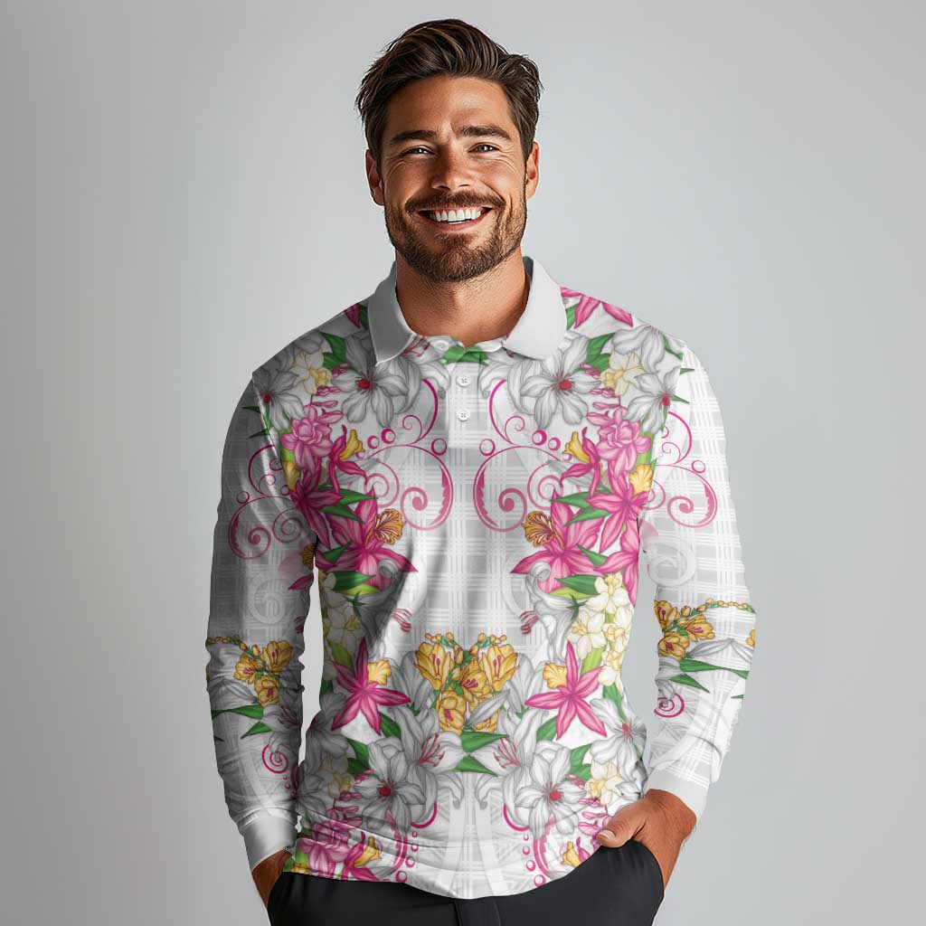 Hawaii Palaka Long Sleeve Polo Shirt White Tribal Pattern With Tropical Flowers LT05 - Polynesian Pride