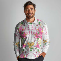 Hawaii Palaka Long Sleeve Polo Shirt White Tribal Pattern With Tropical Flowers LT05 - Polynesian Pride