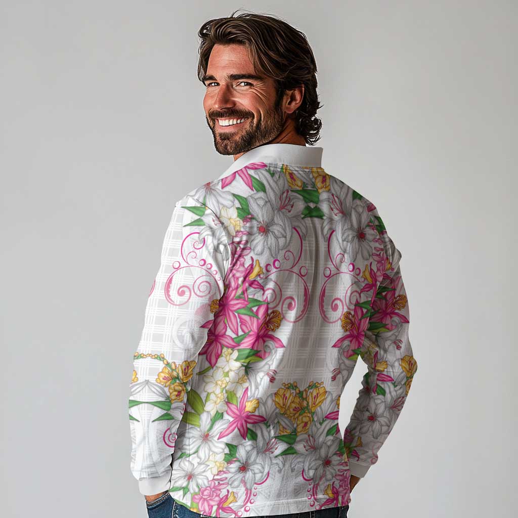Hawaii Palaka Long Sleeve Polo Shirt White Tribal Pattern With Tropical Flowers LT05 - Polynesian Pride