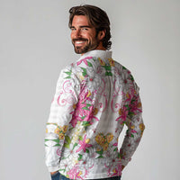Hawaii Palaka Long Sleeve Polo Shirt White Tribal Pattern With Tropical Flowers LT05 - Polynesian Pride