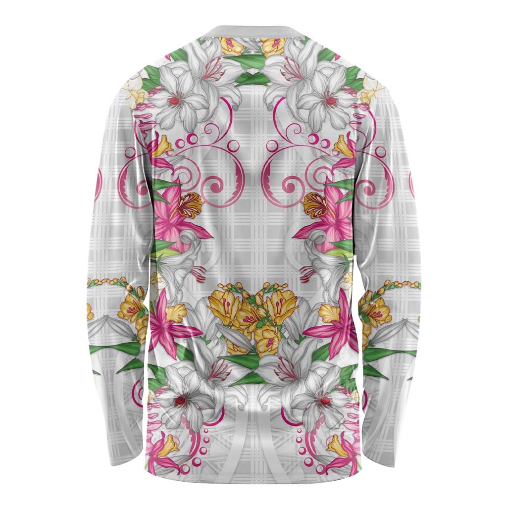 Hawaii Palaka Long Sleeve Shirt White Tribal Pattern With Tropical Flowers LT05 - Polynesian Pride