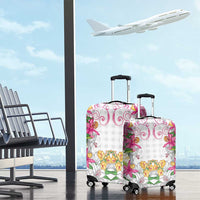 Hawaii Palaka Luggage Cover White Tribal Pattern With Tropical Flowers - Polynesian Pride