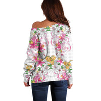 Hawaii Palaka Off Shoulder Sweater White Tribal Pattern With Tropical Flowers - Polynesian Pride