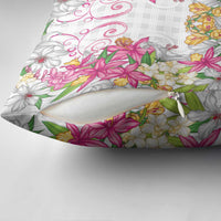 Hawaii Palaka Pillow Cover White Tribal Pattern With Tropical Flowers - Polynesian Pride