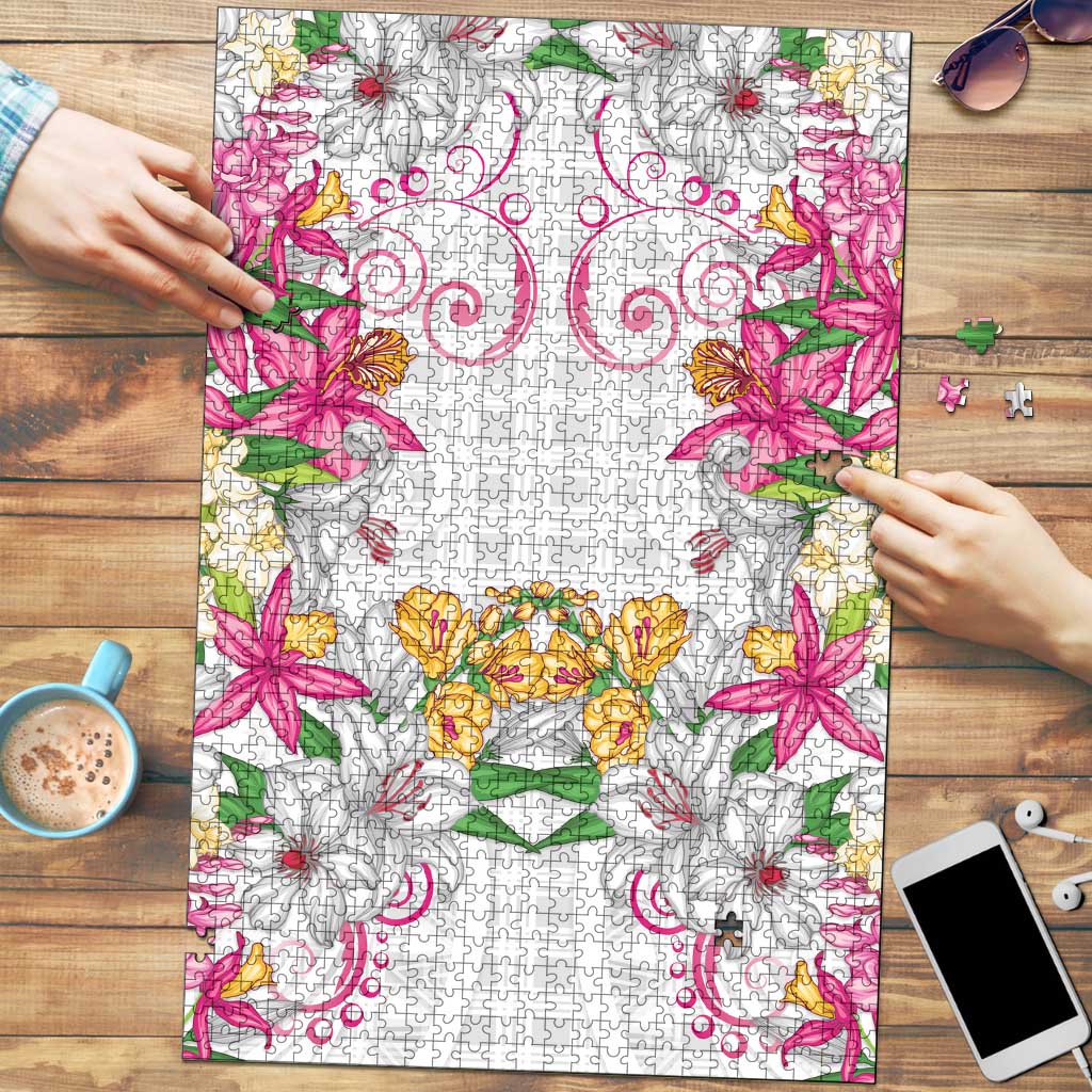 Hawaii Palaka Puzzle White Tribal Pattern With Tropical Flowers LT05 White - Polynesian Pride