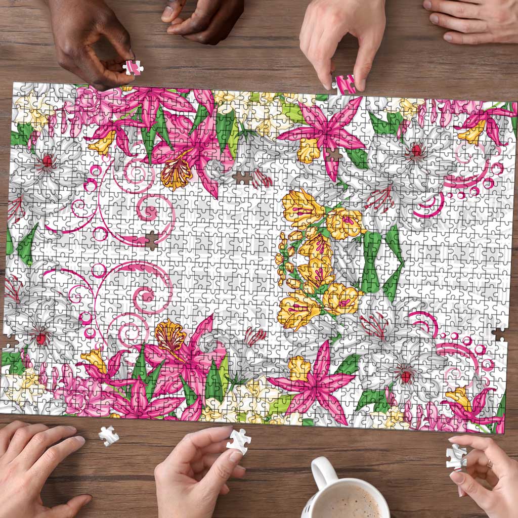 Hawaii Palaka Puzzle White Tribal Pattern With Tropical Flowers LT05 - Polynesian Pride