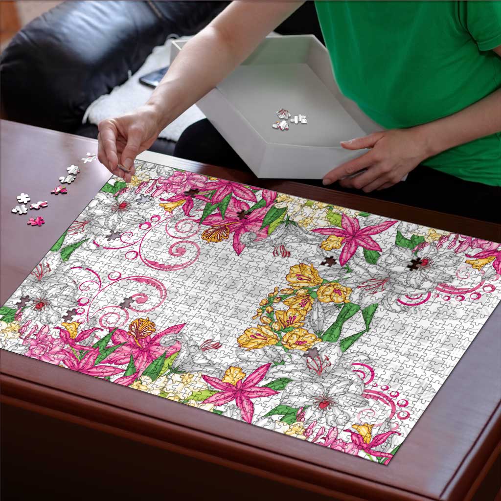 Hawaii Palaka Puzzle White Tribal Pattern With Tropical Flowers LT05 - Polynesian Pride