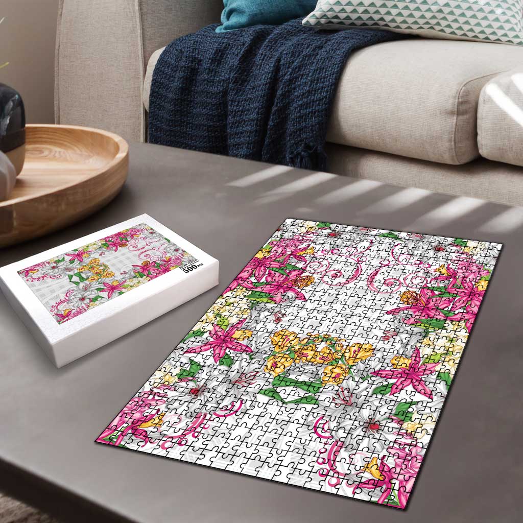 Hawaii Palaka Puzzle White Tribal Pattern With Tropical Flowers LT05 - Polynesian Pride