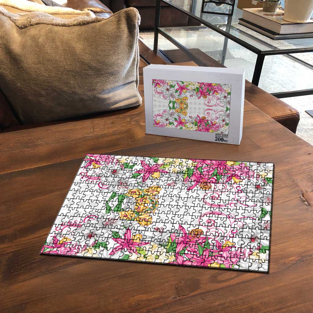 Hawaii Palaka Puzzle White Tribal Pattern With Tropical Flowers LT05 - Polynesian Pride