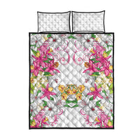 Hawaii Palaka Quilt Bed Set White Tribal Pattern With Tropical Flowers - Polynesian Pride