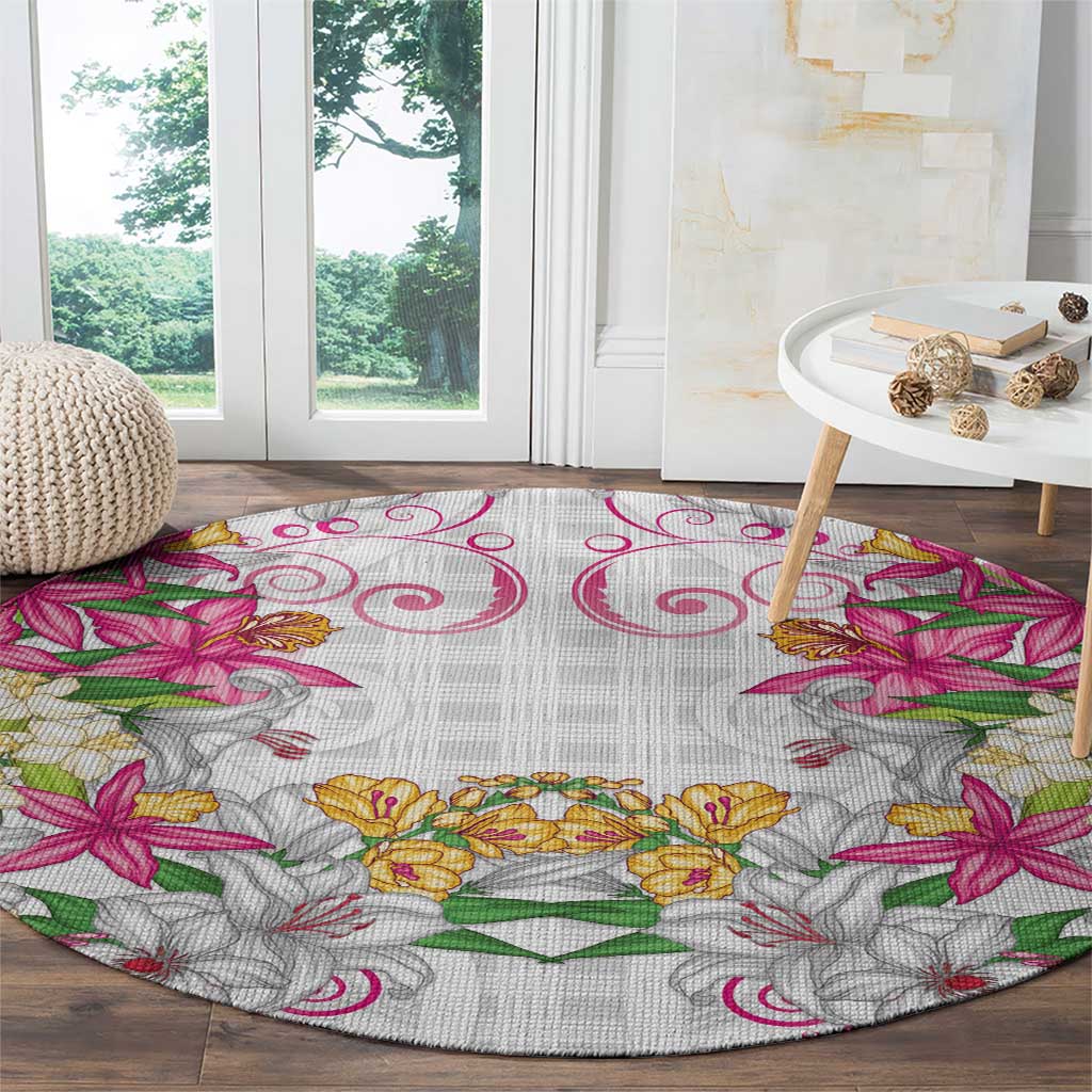 Hawaii Palaka Round Carpet White Tribal Pattern With Tropical Flowers - Polynesian Pride