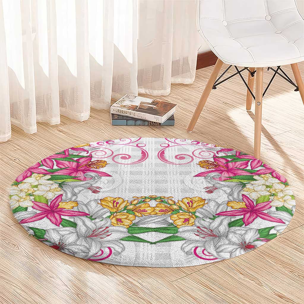 Hawaii Palaka Round Carpet White Tribal Pattern With Tropical Flowers - Polynesian Pride