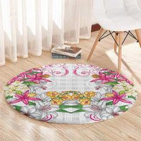 Hawaii Palaka Round Carpet White Tribal Pattern With Tropical Flowers - Polynesian Pride