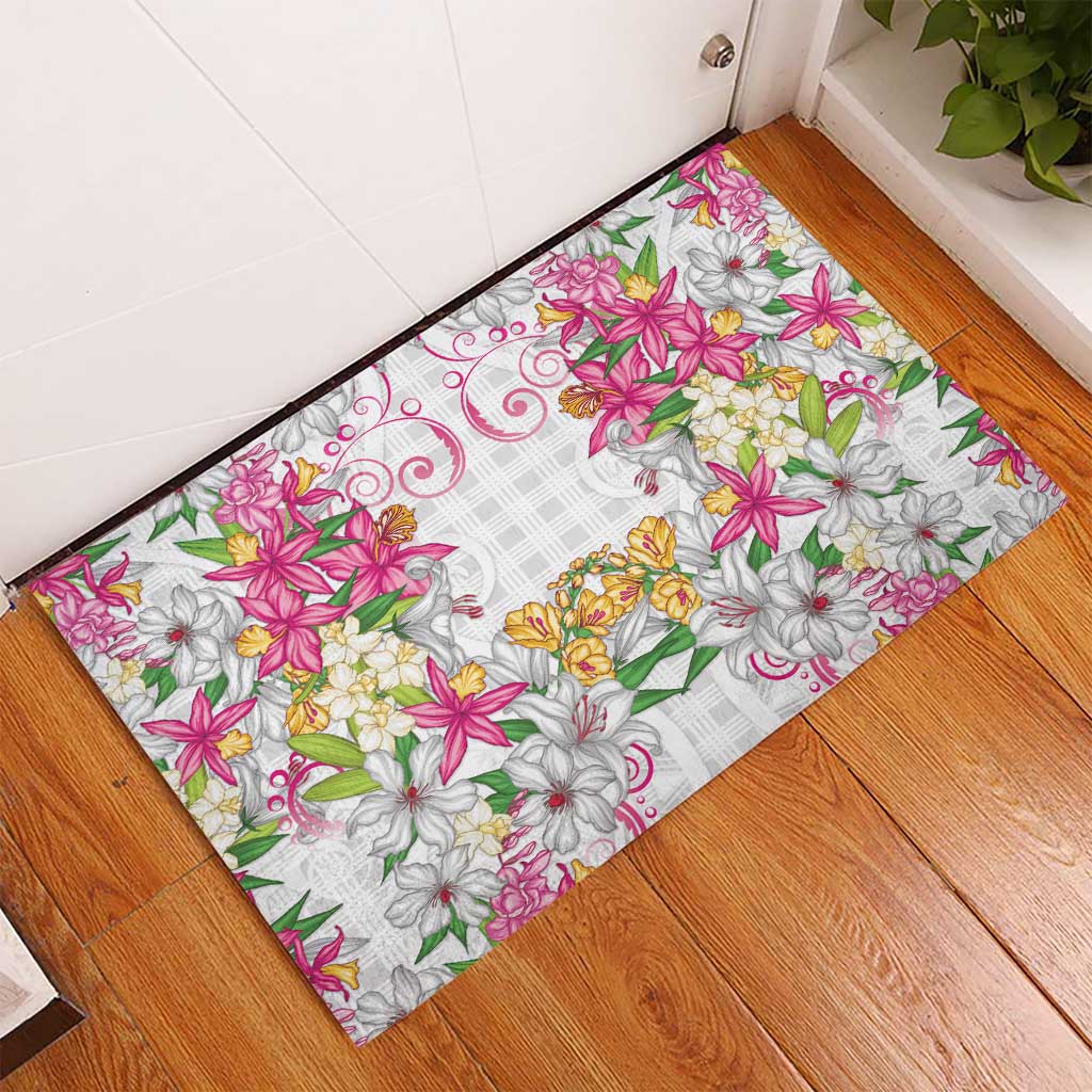Hawaii Palaka Rubber Doormat White Tribal Pattern With Tropical Flowers LT05 - Polynesian Pride