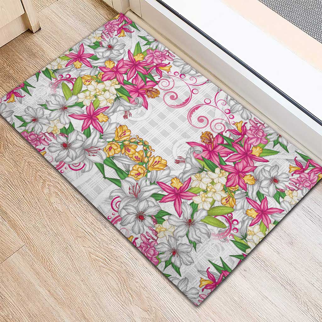 Hawaii Palaka Rubber Doormat White Tribal Pattern With Tropical Flowers LT05 - Polynesian Pride