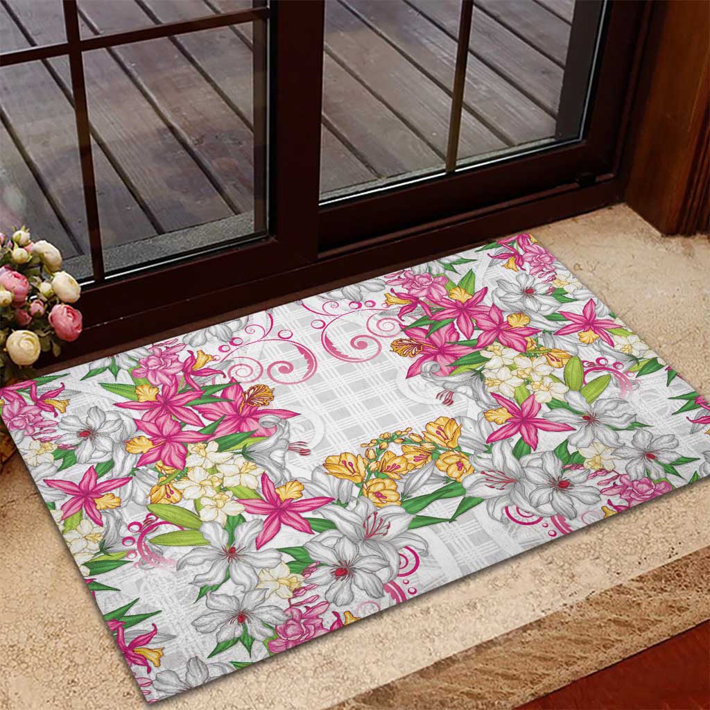 Hawaii Palaka Rubber Doormat White Tribal Pattern With Tropical Flowers LT05 - Polynesian Pride