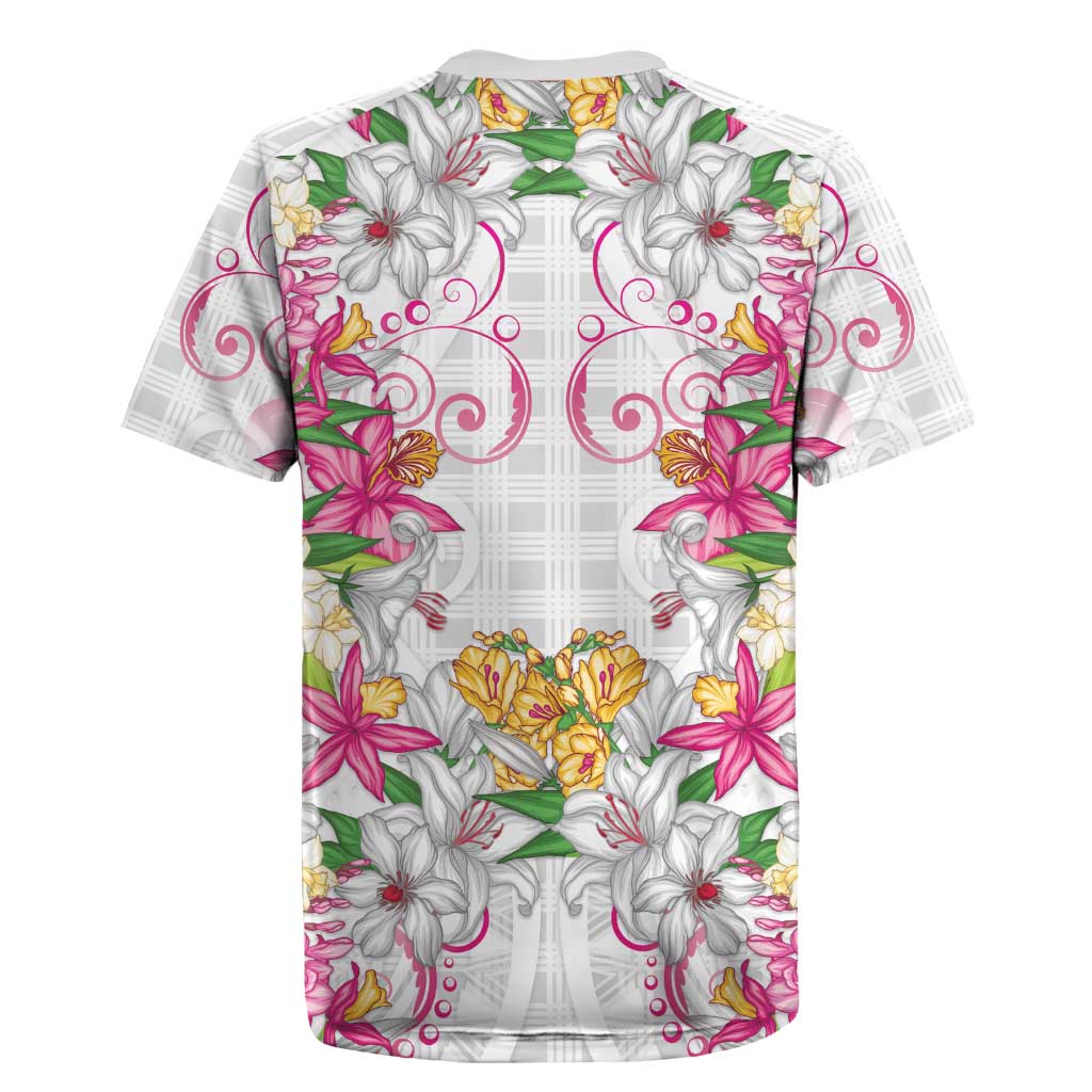 Hawaii Palaka Rugby Jersey White Tribal Pattern With Tropical Flowers LT05 - Polynesian Pride