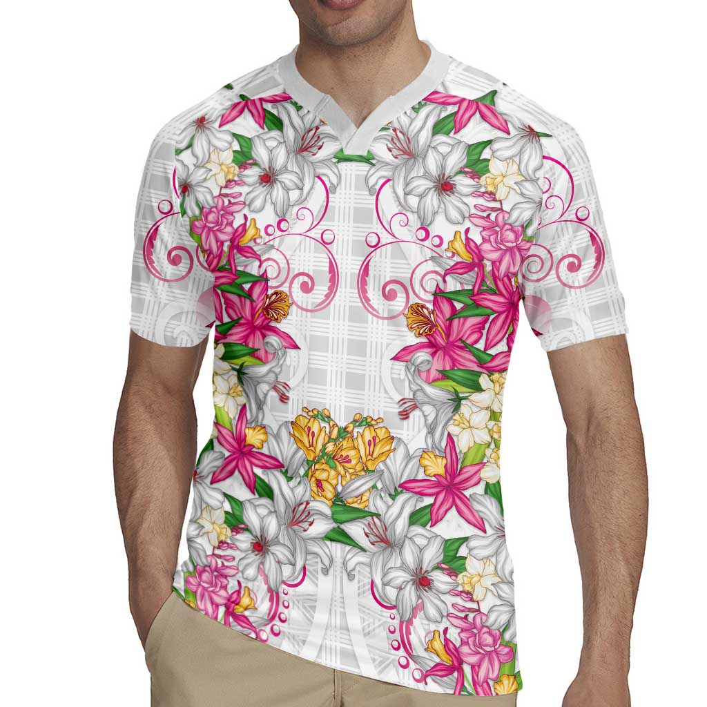 Hawaii Palaka Rugby Jersey White Tribal Pattern With Tropical Flowers LT05 - Polynesian Pride