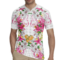 Hawaii Palaka Rugby Jersey White Tribal Pattern With Tropical Flowers LT05 - Polynesian Pride