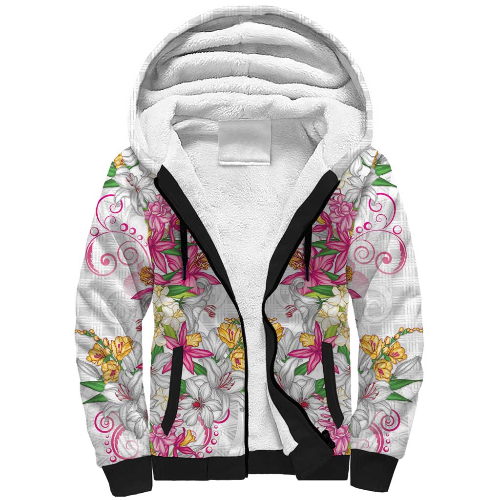 Hawaii Palaka Sherpa Hoodie White Tribal Pattern With Tropical Flowers LT05 Unisex White - Polynesian Pride