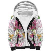 Hawaii Palaka Sherpa Hoodie White Tribal Pattern With Tropical Flowers LT05 Unisex White - Polynesian Pride