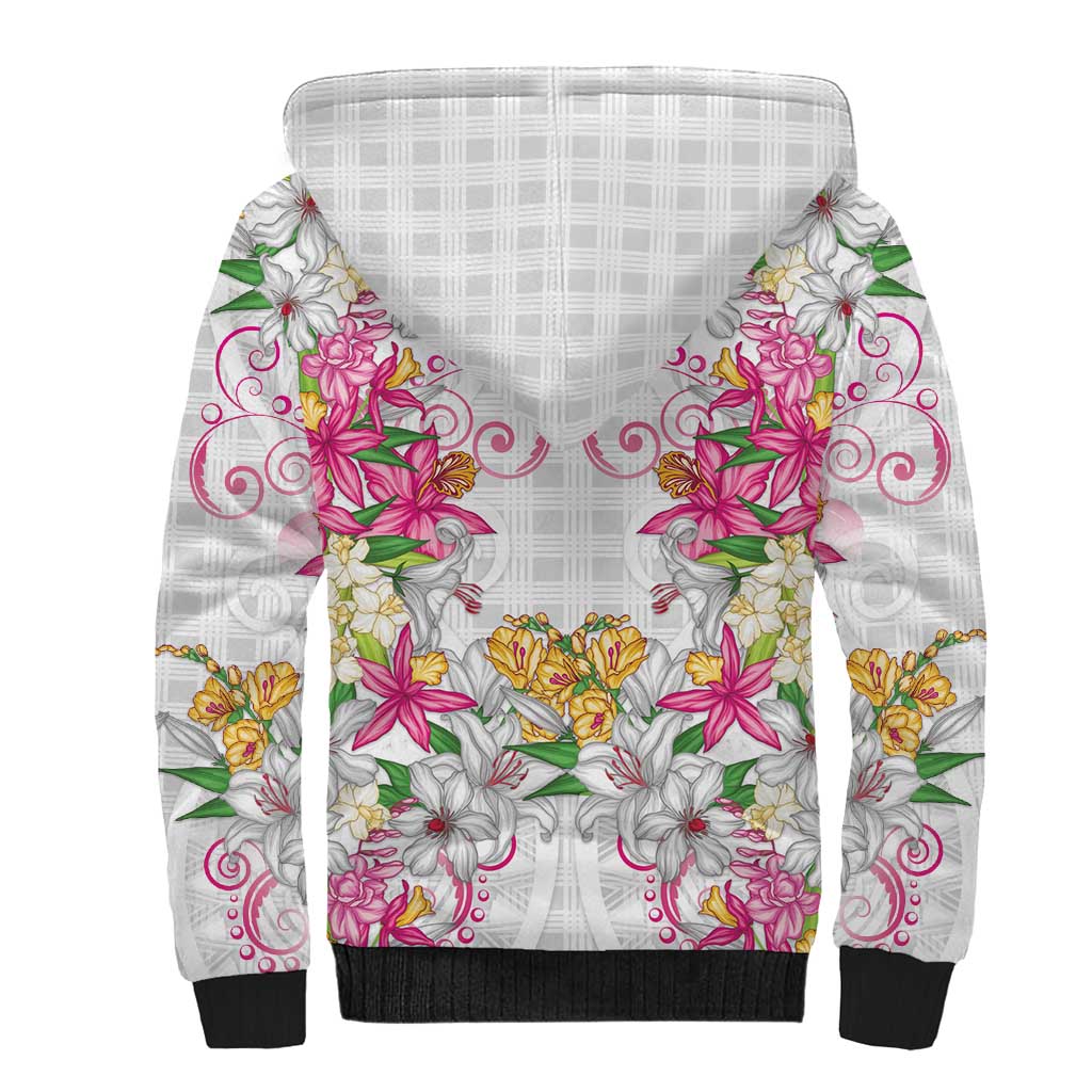 Hawaii Palaka Sherpa Hoodie White Tribal Pattern With Tropical Flowers LT05 - Polynesian Pride