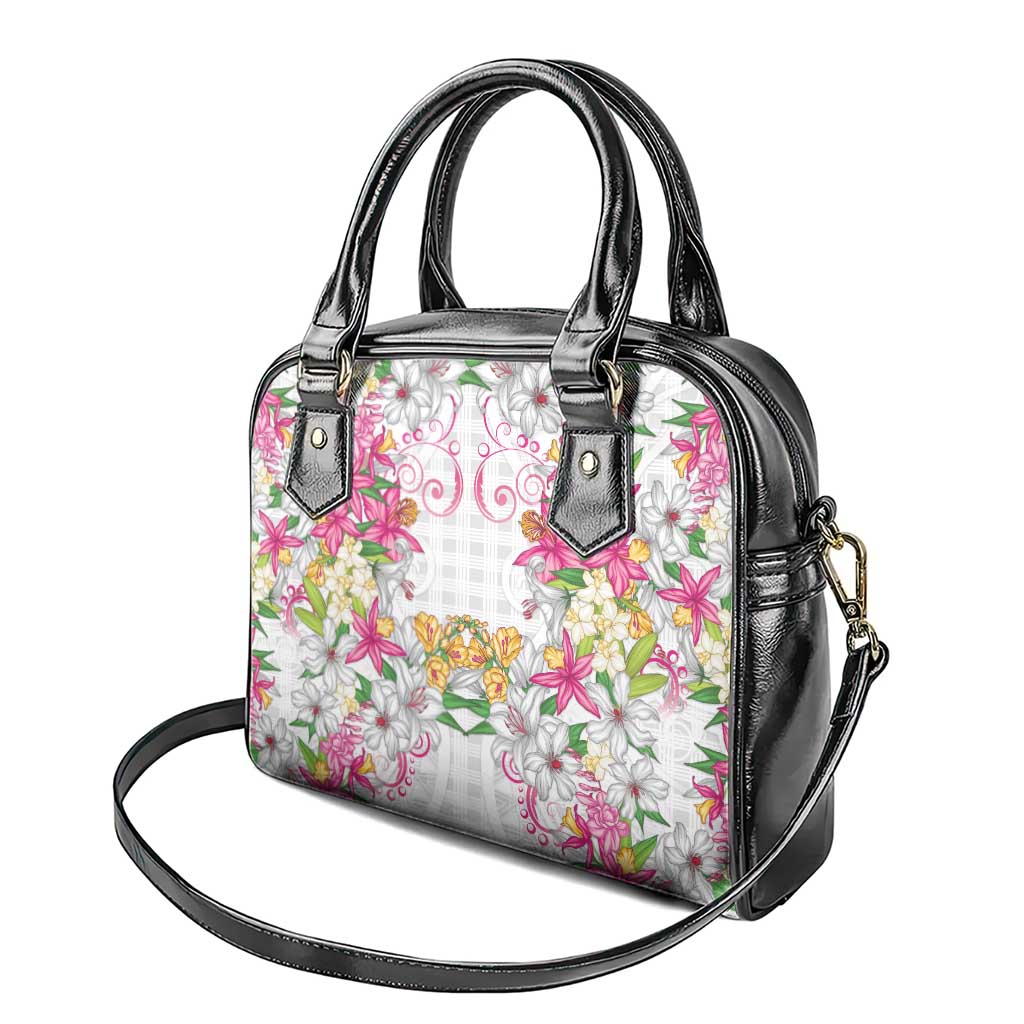 Hawaii Palaka Shoulder Handbag White Tribal Pattern With Tropical Flowers - Polynesian Pride