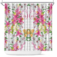 Hawaii Palaka Shower Curtain White Tribal Pattern With Tropical Flowers - Polynesian Pride