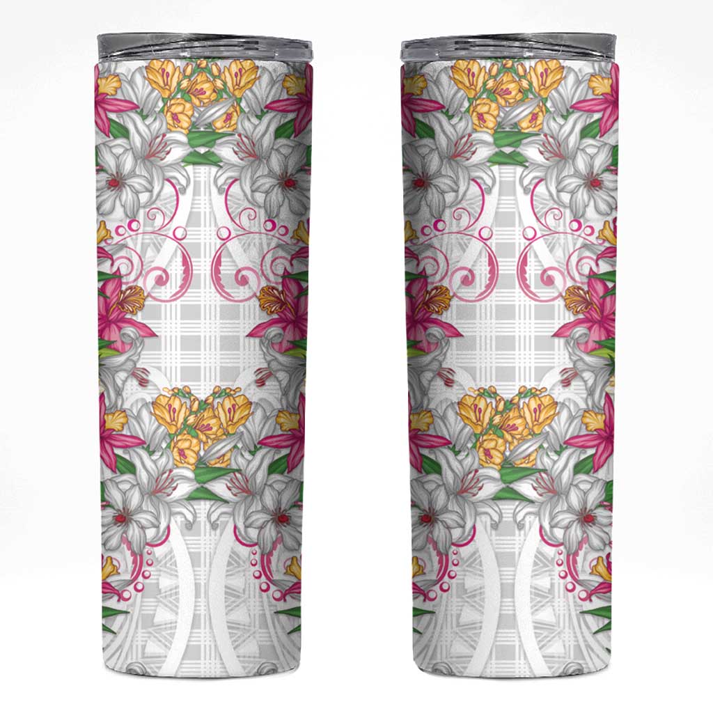 Hawaii Palaka Skinny Tumbler White Tribal Pattern With Tropical Flowers - Polynesian Pride