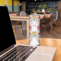 Hawaii Palaka Skinny Tumbler White Tribal Pattern With Tropical Flowers - Polynesian Pride