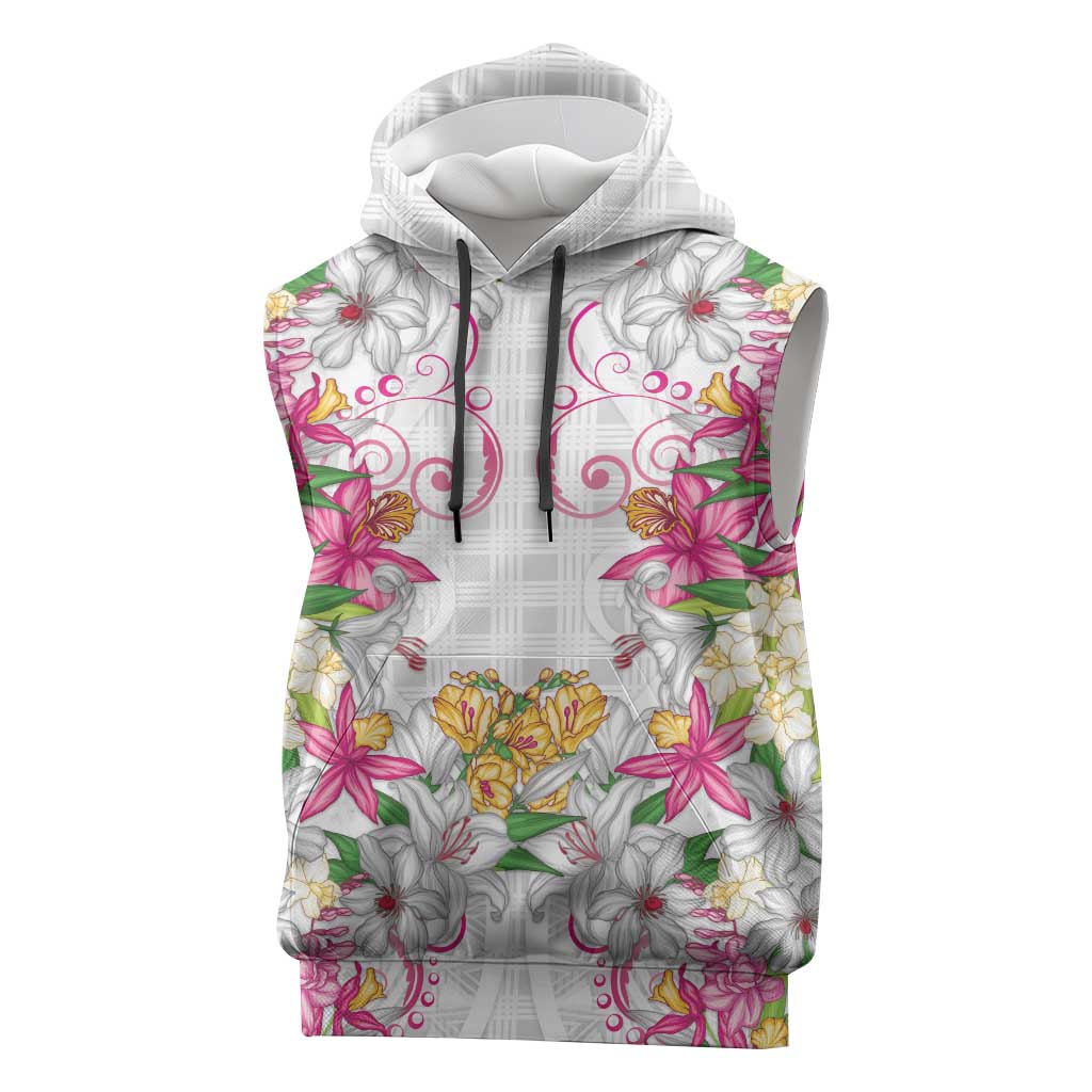 Hawaii Palaka Sleeveless Hoodie White Tribal Pattern With Tropical Flowers LT05 White - Polynesian Pride